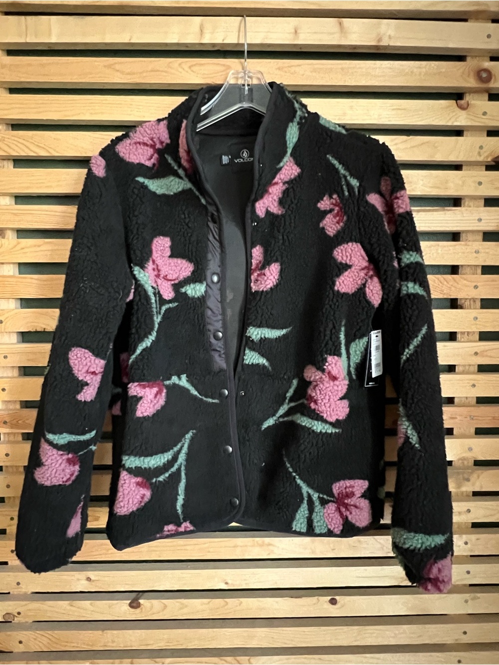 Volcom Black Sherpa Jacket with Pink Floral & Green Stems